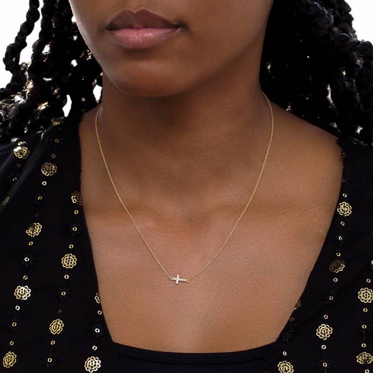 Revere gold mini cross necklace with cubic zirconia stones, UK version