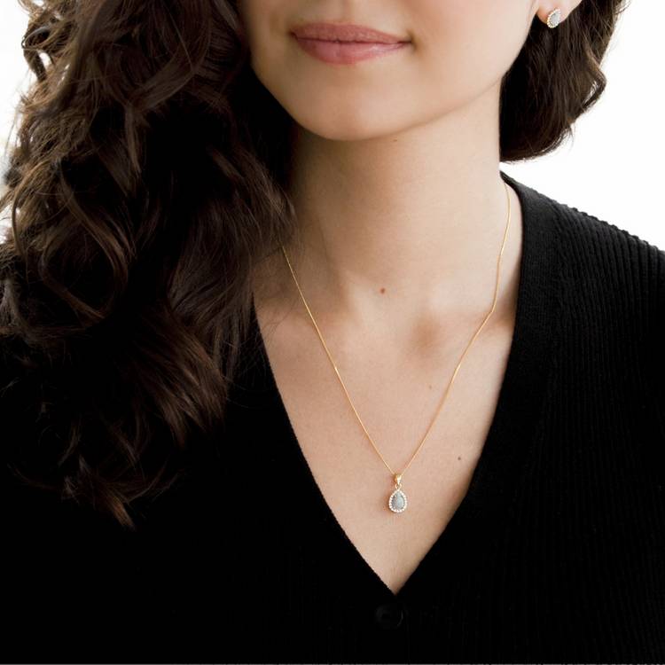 Revere 9ct yellow gold teardrop halo opal pendant necklace, UK version