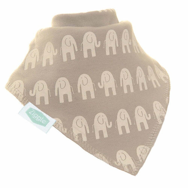 Ziggle Bandana Dribble Bib White Elephants on Grey (British brand)