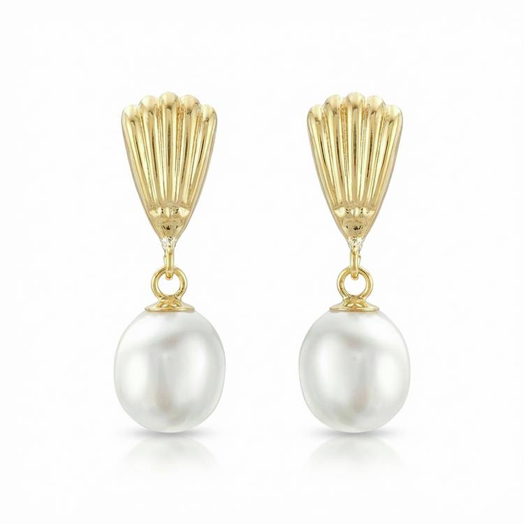 Revere 9ct yellow gold shell pearl drop earrings, UK version