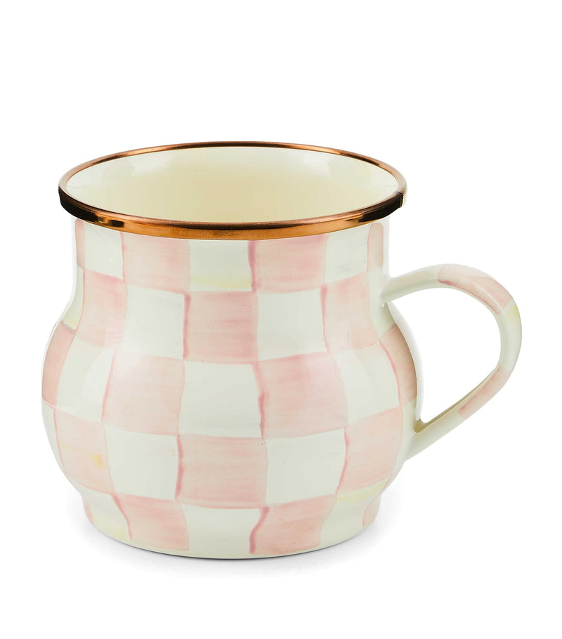 MacKenzie-Childs Rosy Check enamel mug, imported from the UK