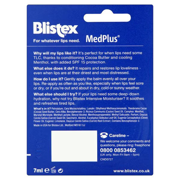 Blistex MedPlus lip balm tube packaging 7ml - British product