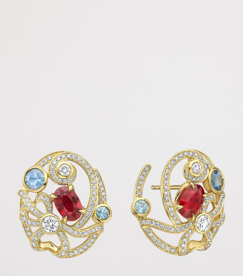 Boodles Presence Chamber earrings with rubies and sapphires, UK version