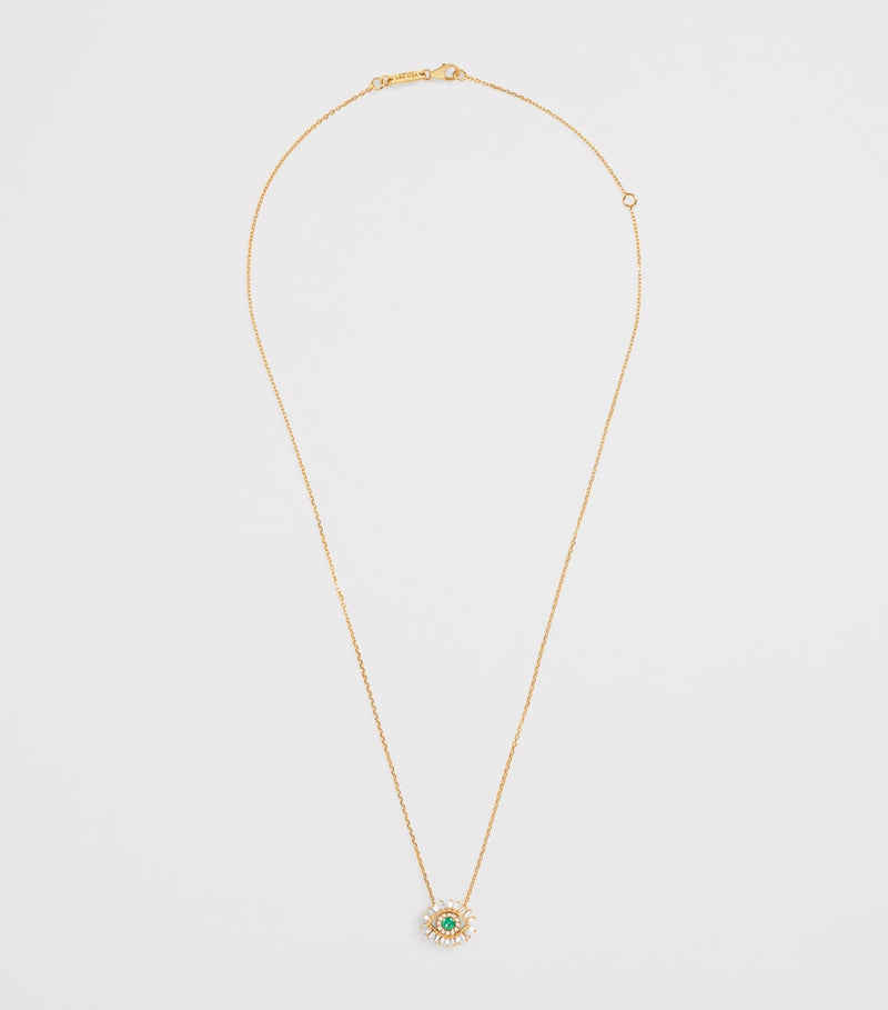 Suzanne Kalan evil eye pendant necklace in yellow gold with diamonds and emerald, UK version