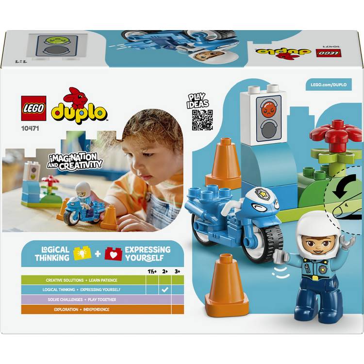 LEGO DUPLO blue police motorcycle toy for toddlers (British brand)