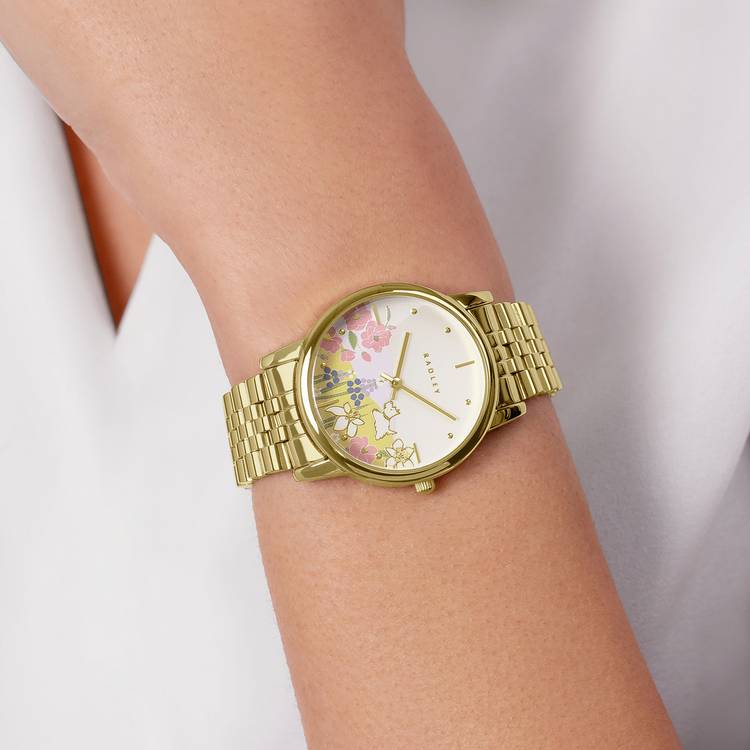 Radley 35mm gold-plated watch with floral dial (British brand)