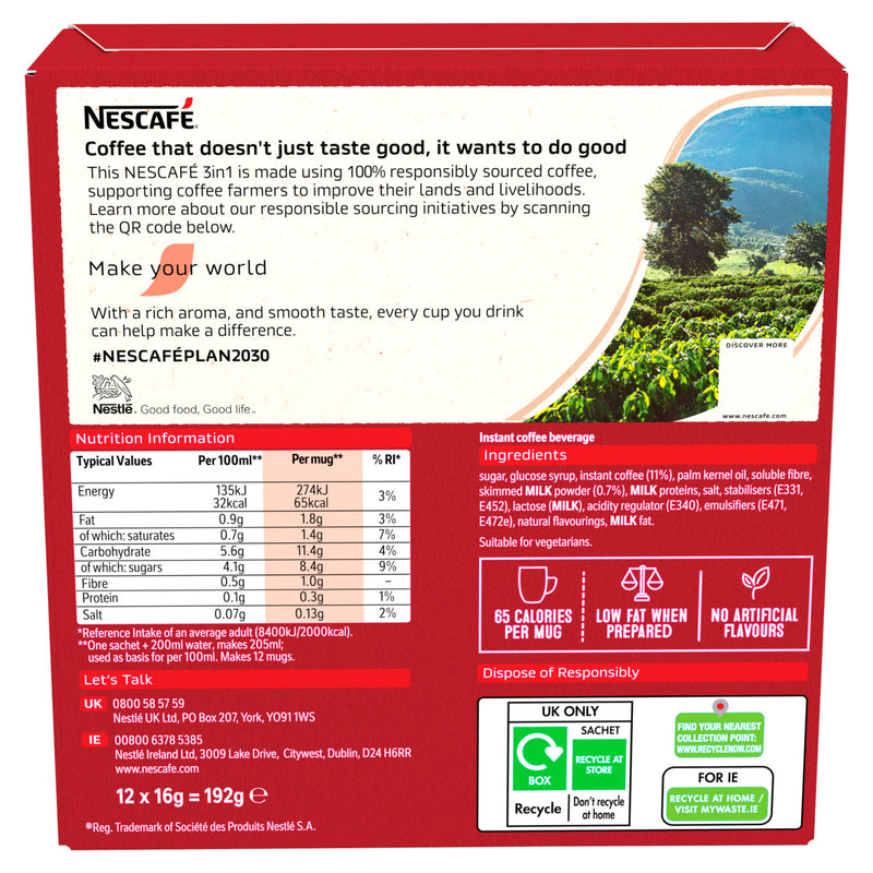 Nescafé 3in1 Instant Coffee Sachets 192g, imported from the UK