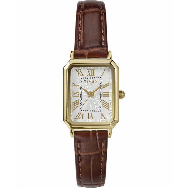 Timex women's white dial watch with brown leather strap, imported from the UK