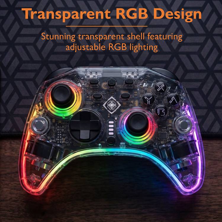 Deltaco clear RGB wireless controller for Switch 2, imported from the UK