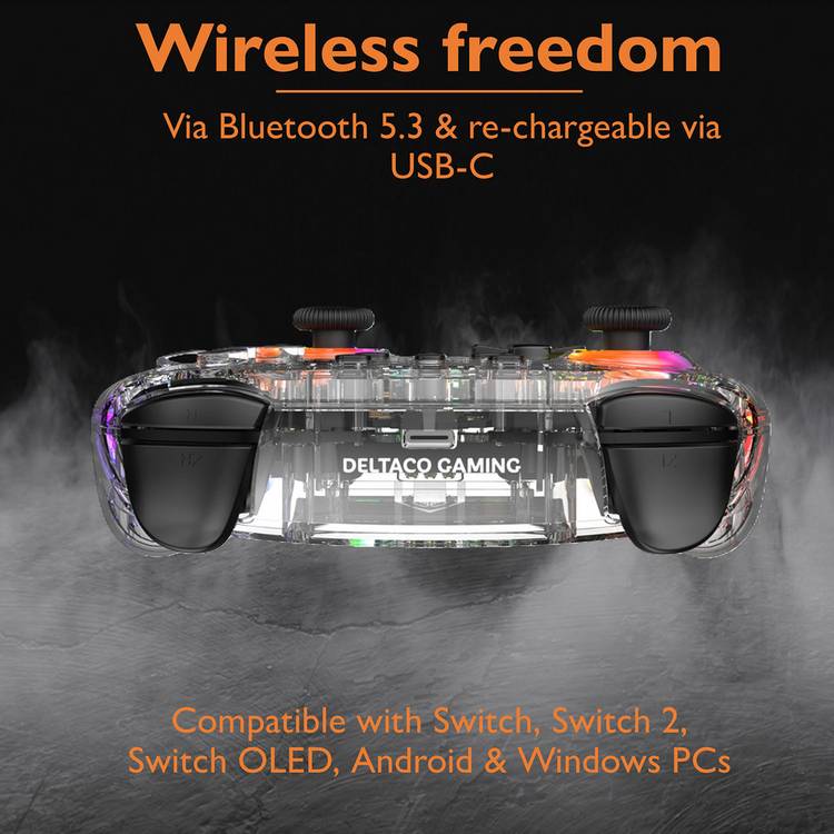 Deltaco clear RGB wireless controller for Switch 2, imported from the UK