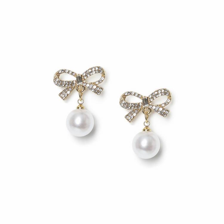 Freedom gold tone crystal bow pearl drop earrings, imported from the UK