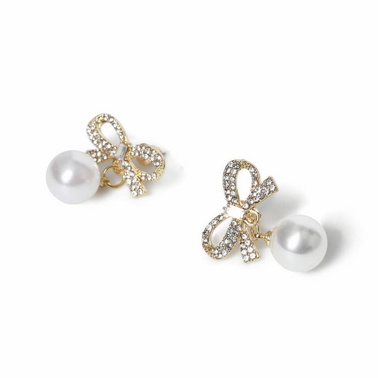 Freedom gold tone crystal bow pearl drop earrings, imported from the UK