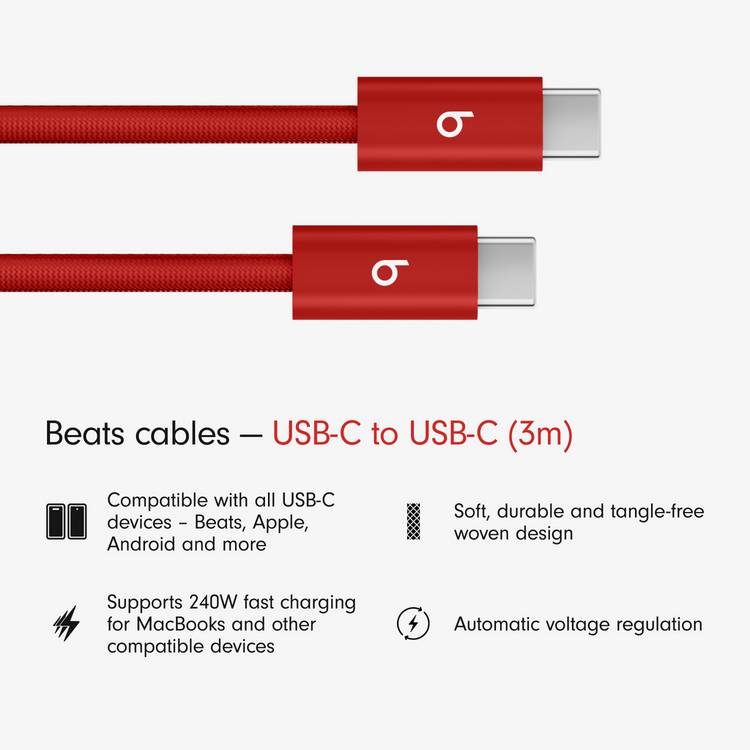 Beats 3m braided USB-C cable Rapid Red, imported from the UK