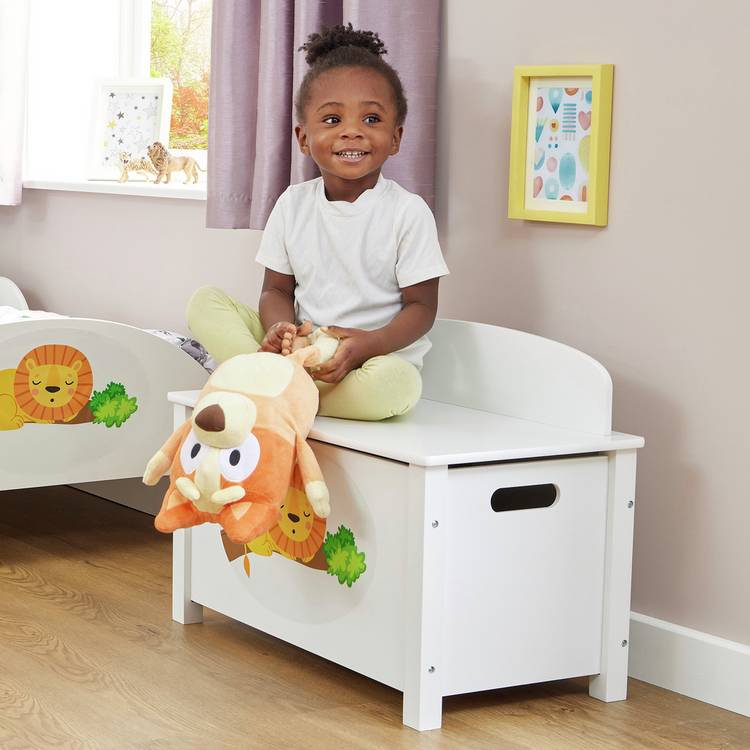Liberty House Toys white toy box with lion decal, UK version