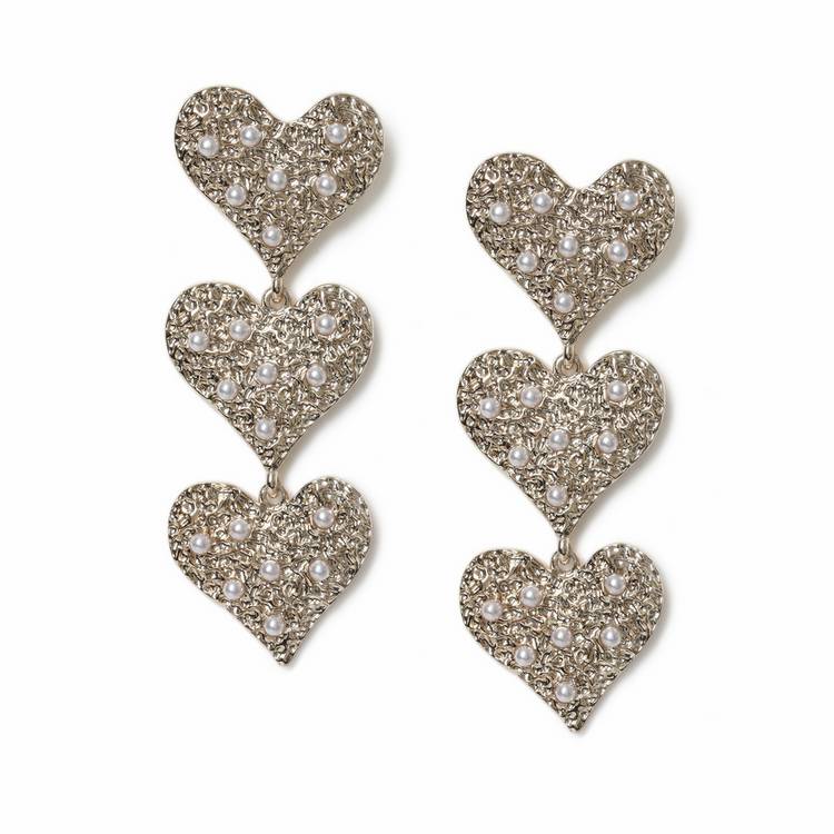 Freedom triple heart drop earrings with pearl accents (British brand)