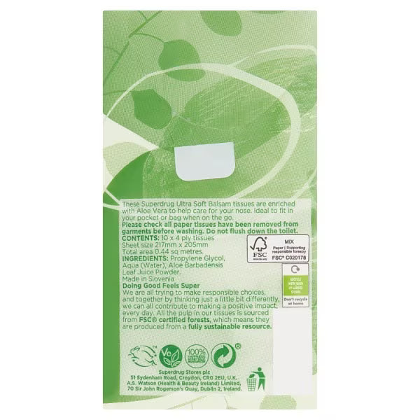 Superdrug balsam pocket tissues with Aloe Vera (British brand)