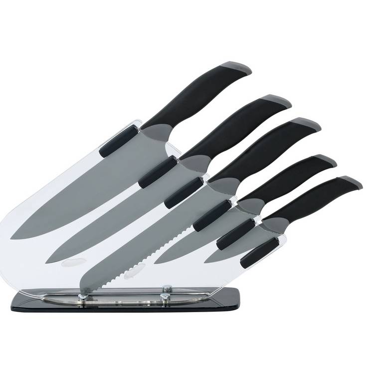 Argos Home 5 piece sloping knife block set black grey, imported from the UK