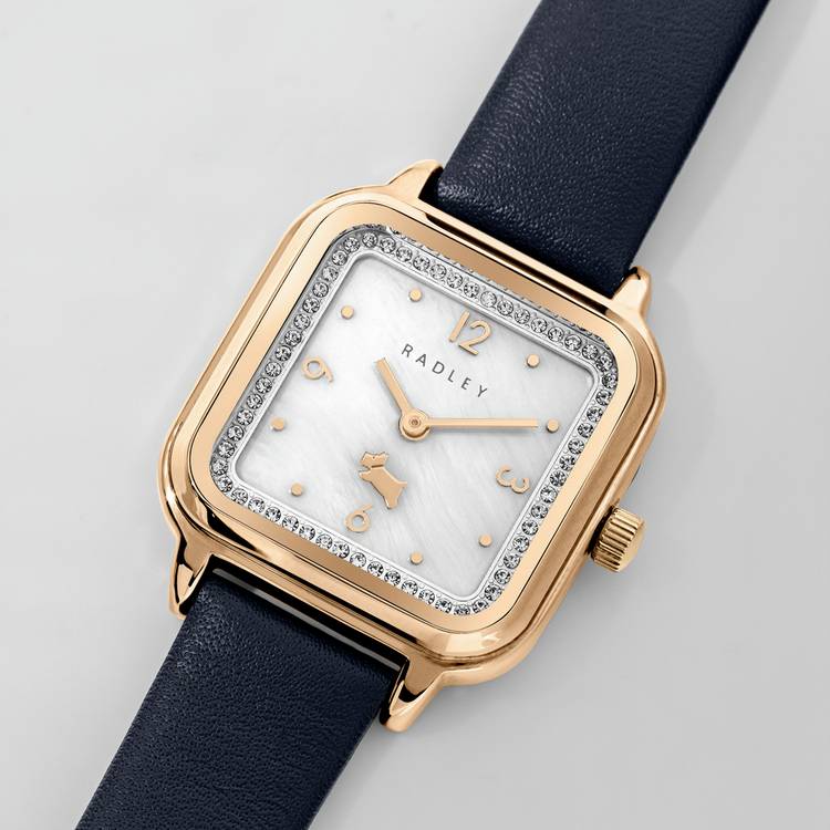 Radley mother of pearl dial dark blue leather strap watch, UK version