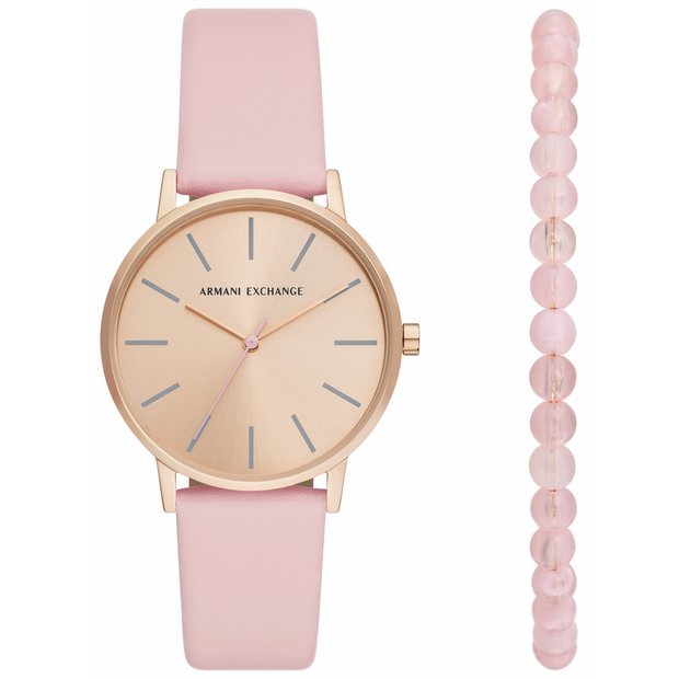 Armani Exchange watch and bracelet set pink leather, imported from the UK