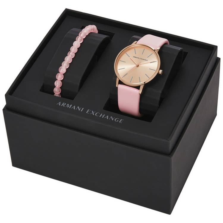 Armani Exchange watch and bracelet set pink leather, imported from the UK