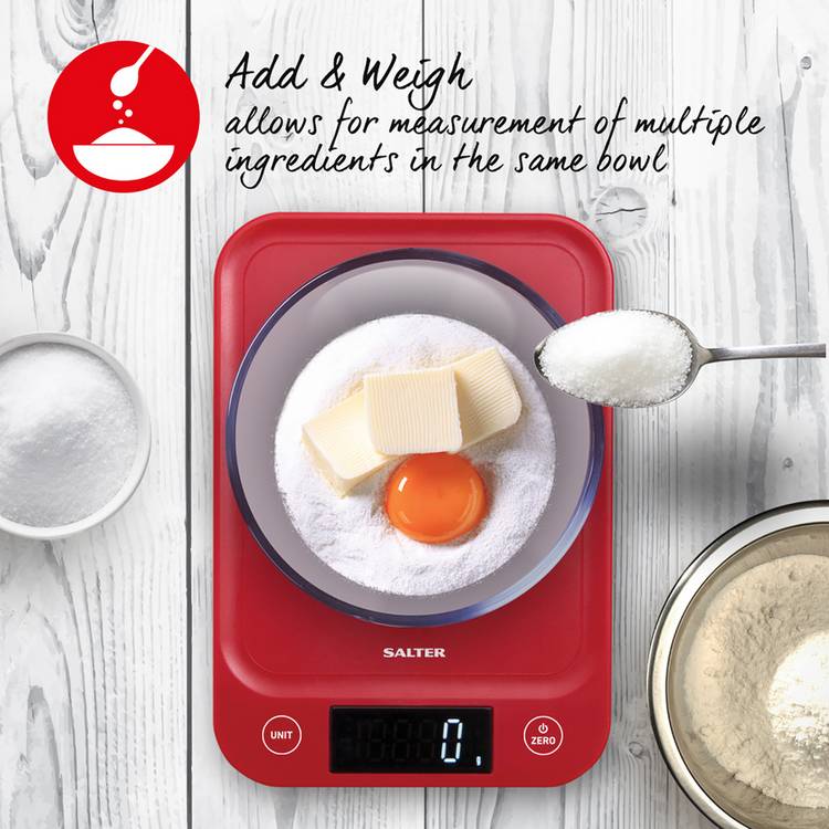 Salter Slim 5kg kitchen scale in red (British brand)