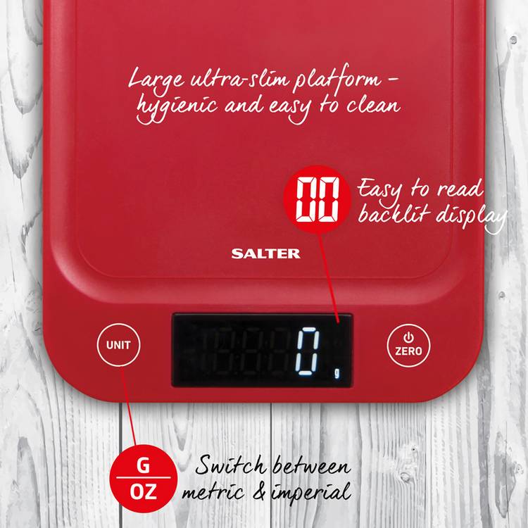Salter Slim 5kg kitchen scale in red (British brand)