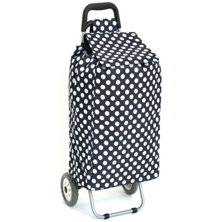 Blue and white polka dot folding shopping trolley 95cm (British brand)