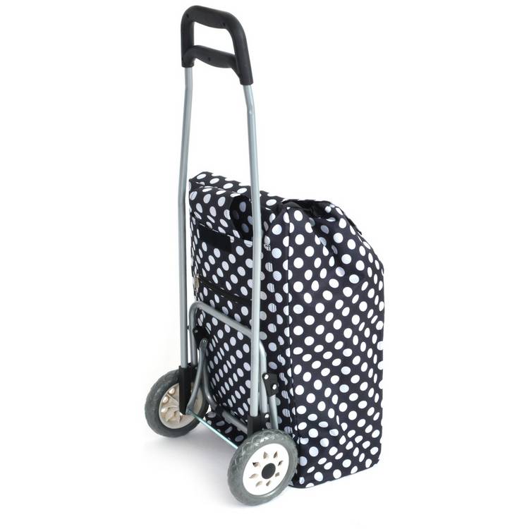 Blue and white polka dot folding shopping trolley 95cm (British brand)