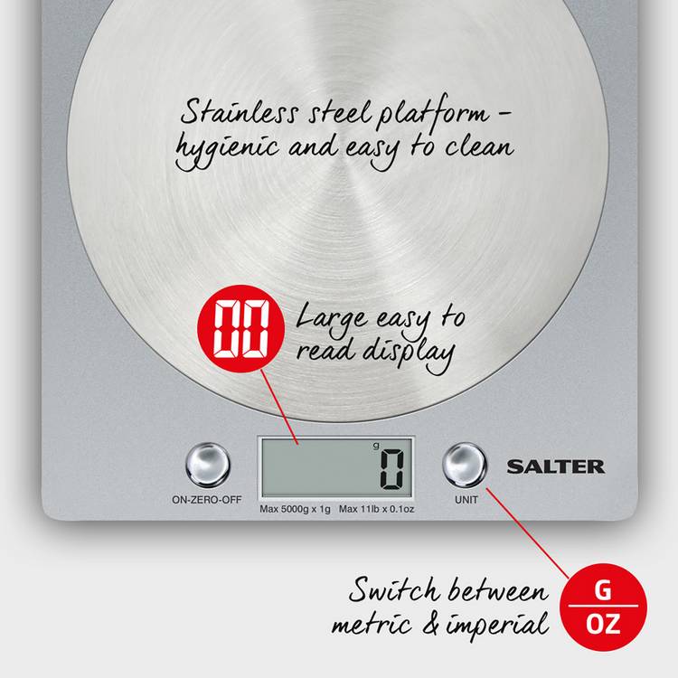Salter electronic kitchen scale with silver steel platform - British product