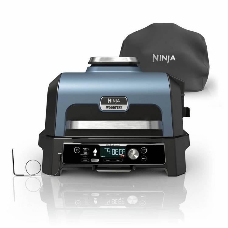 Ninja Woodfire Pro Connect XL electric BBQ and cover, blue (British brand)