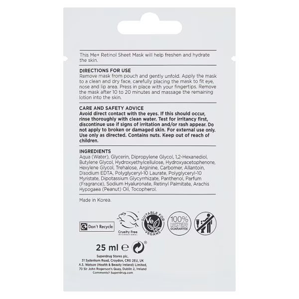 Me+ Retinol Sheet Mask Anti-Ageing imported from the UK