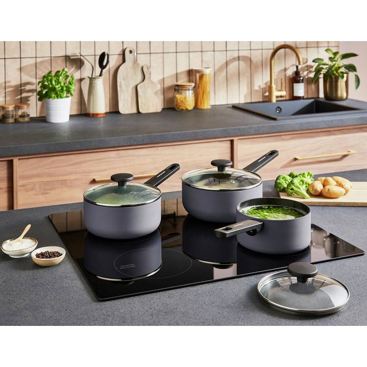 Morphy Richards 3 piece aluminium saucepan set grey, imported from the UK