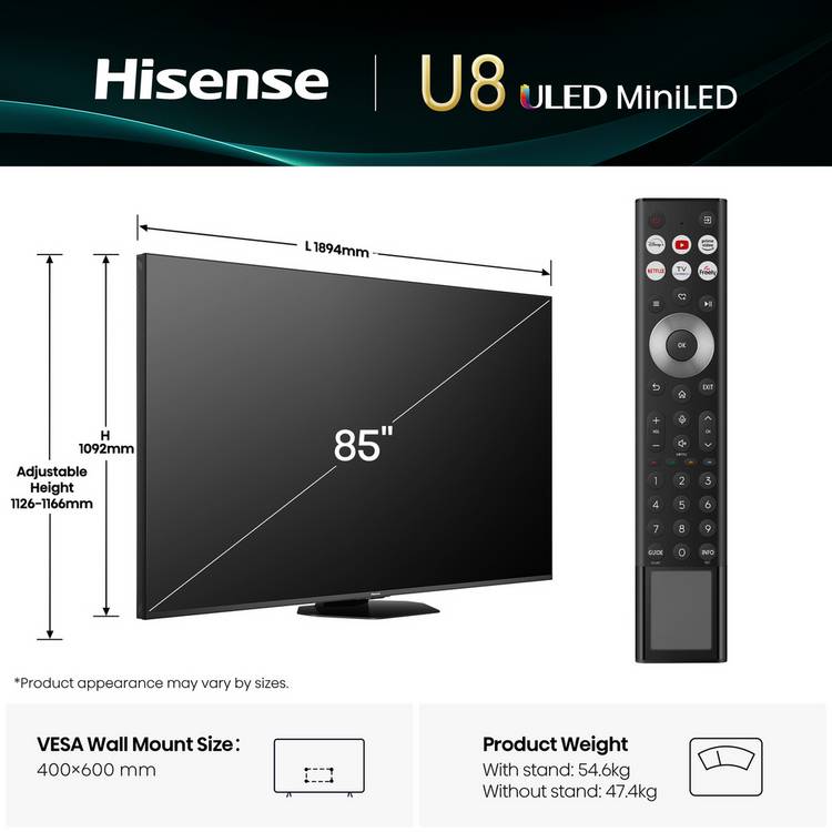 Hisense 85U8QTUK MiniLED 85-inch TV - British product