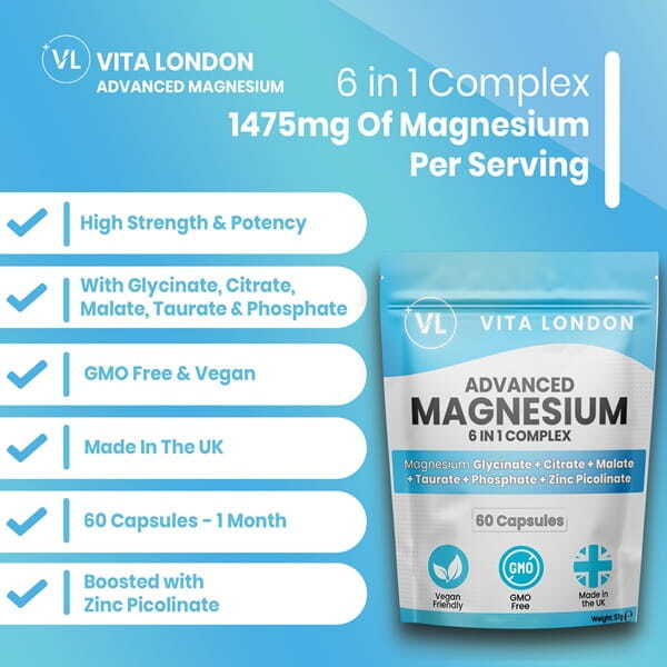 Vita London magnesium complex 6 in 1 high strength 60 capsules (British brand)