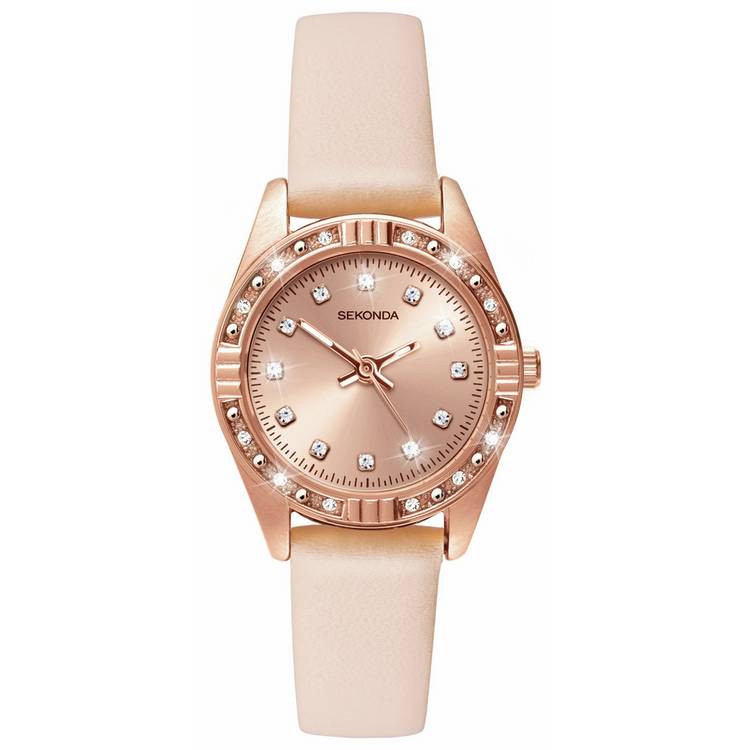 Sekonda rose gold plated stone set watch with nude strap (British brand)