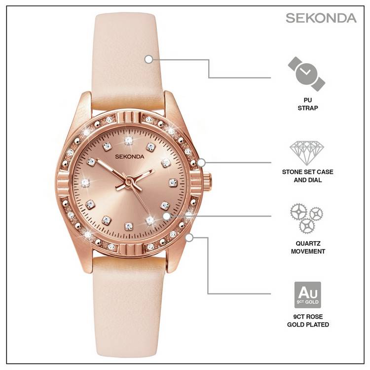 Sekonda rose gold plated stone set watch with nude strap (British brand)