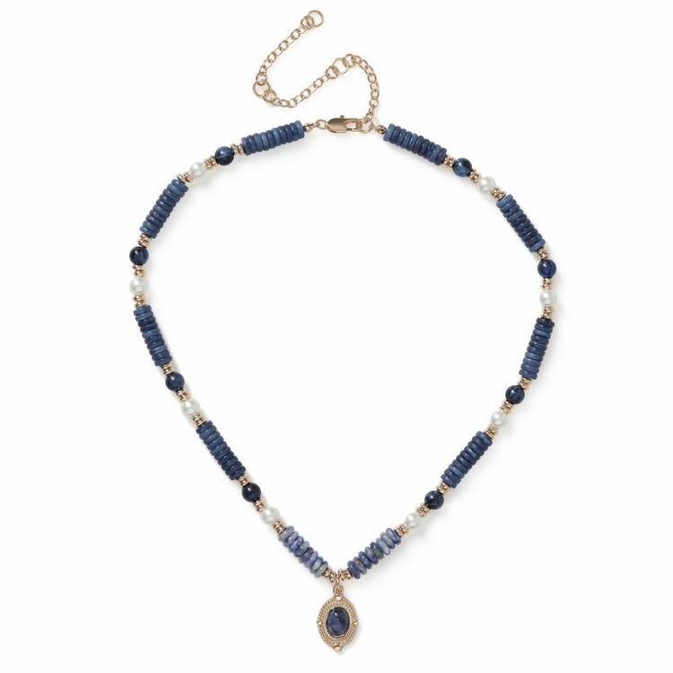 Revere blue beaded pendant necklace with pearl details, UK version