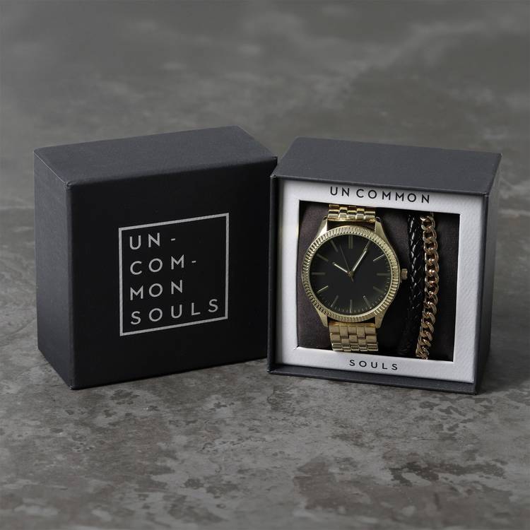 Uncommon Souls gold watch and bracelet set, UK version