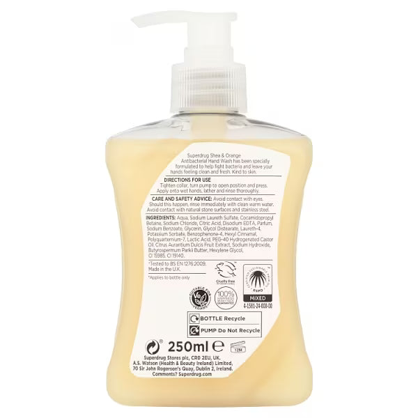 Superdrug Antibacterial Shea Orange Hand Wash 250ml (British brand)