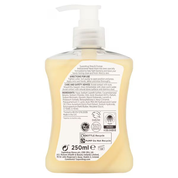 Superdrug Antibacterial Shea Orange Hand Wash 250ml (British brand)