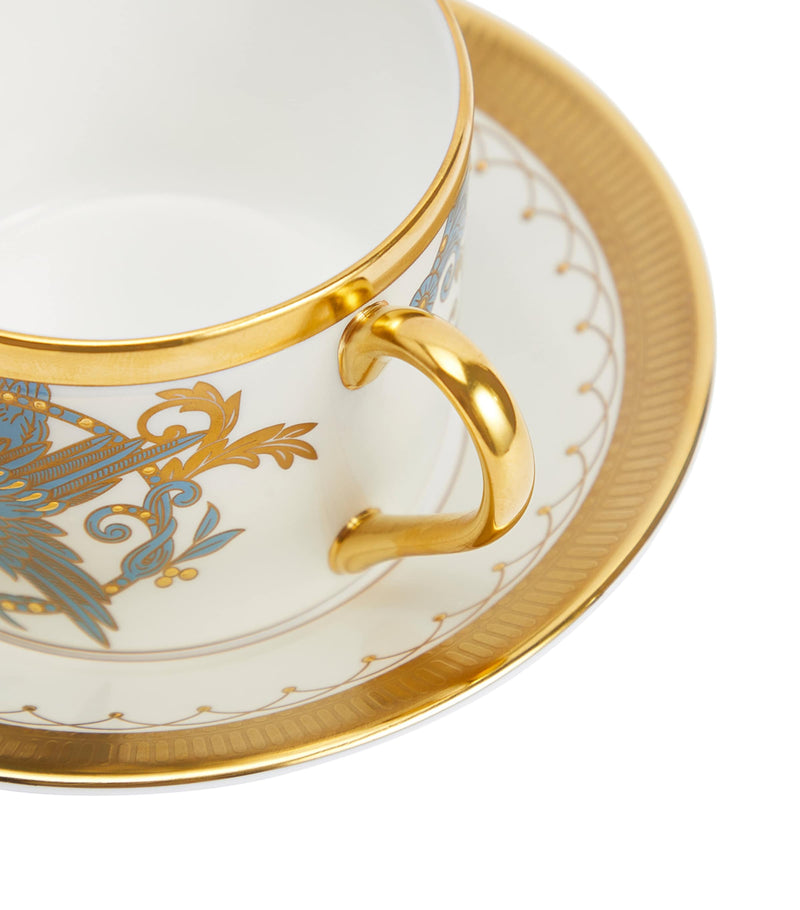 Wedgwood Phoenix teacup and saucer in bone china with jasperware blue design, imported from the UK