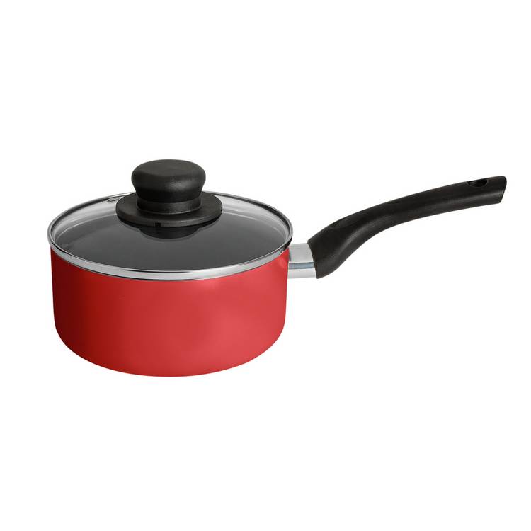 Argos Home red 5 piece pan set, imported from the UK