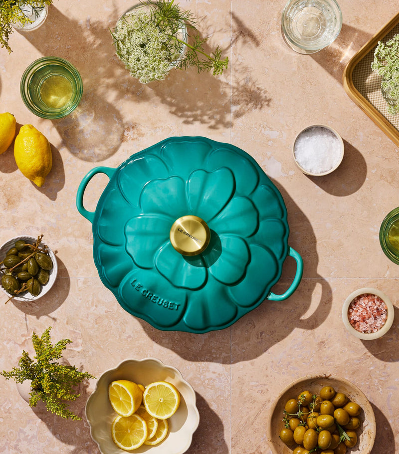 Le Creuset cast iron petal shallow casserole 26cm, imported from the UK