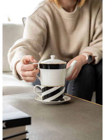 Mikasa White Luxe Deco Stacking Teapot and Cup for One Tea Set