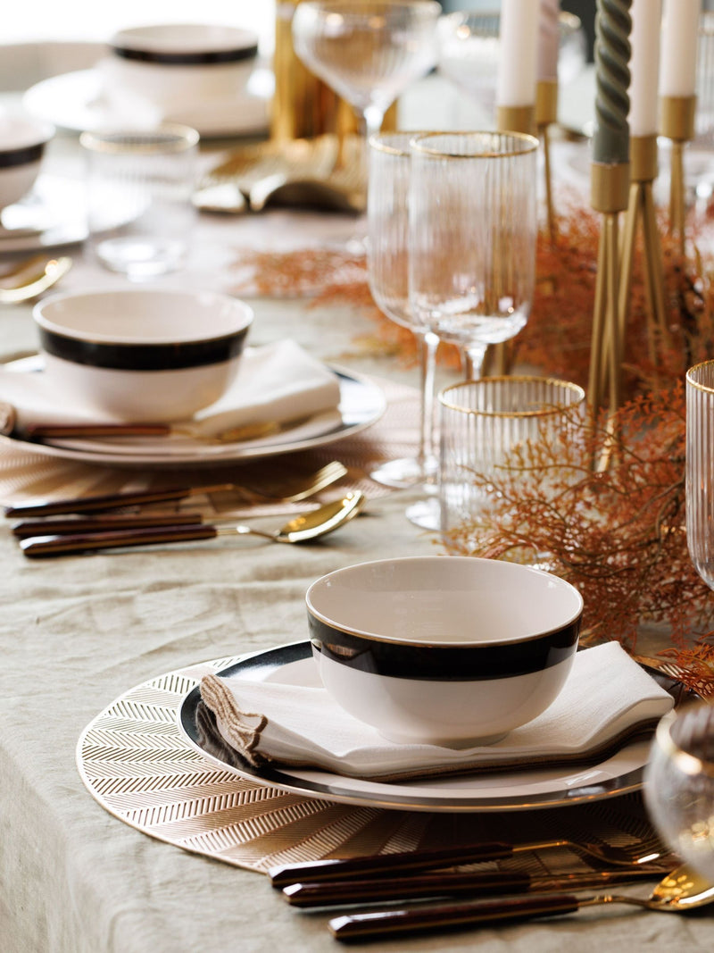 Mikasa white cereal bowl set with gold rim, imported from the UK