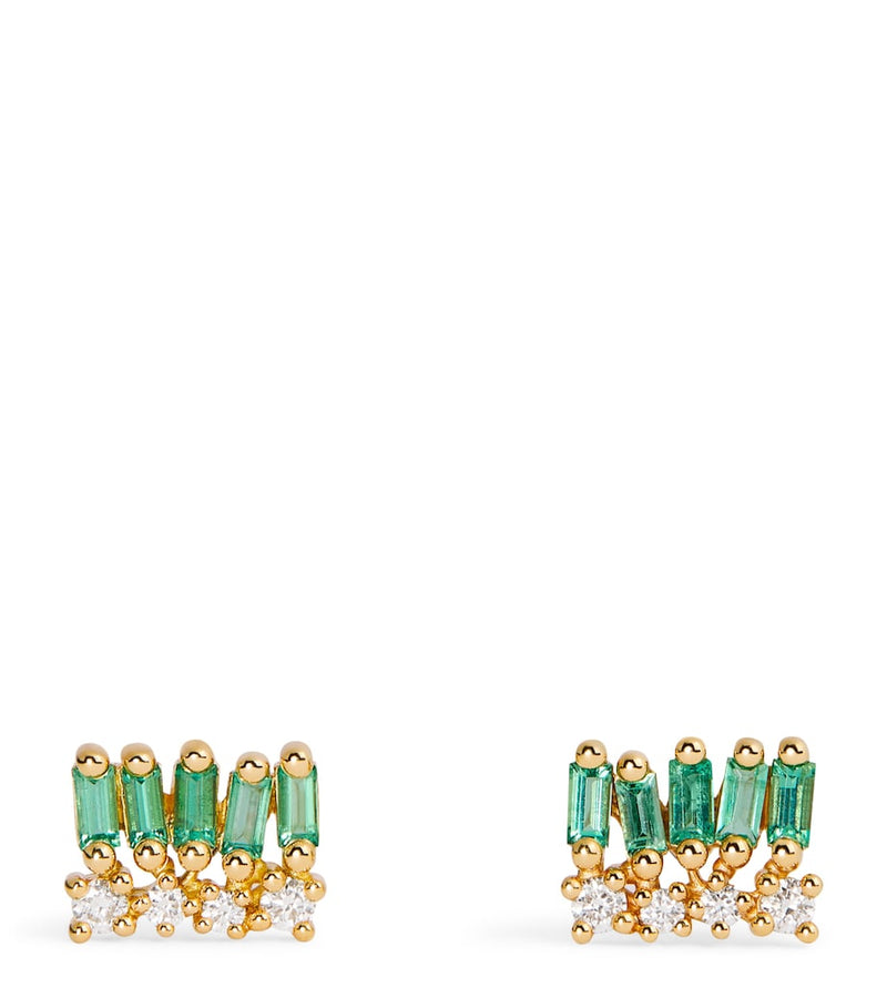 Suzanne Kalan emerald and diamond stud earrings in yellow gold, UK version