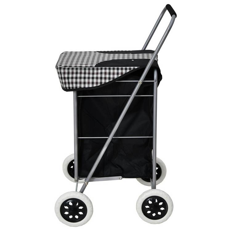 Black and check print folding shopping trolley with 4 wheels - British product