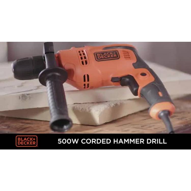 Black+Decker 500W corded hammer drill with side handle, UK version