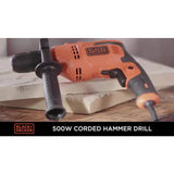 Black+Decker 500W corded hammer drill with side handle, UK version