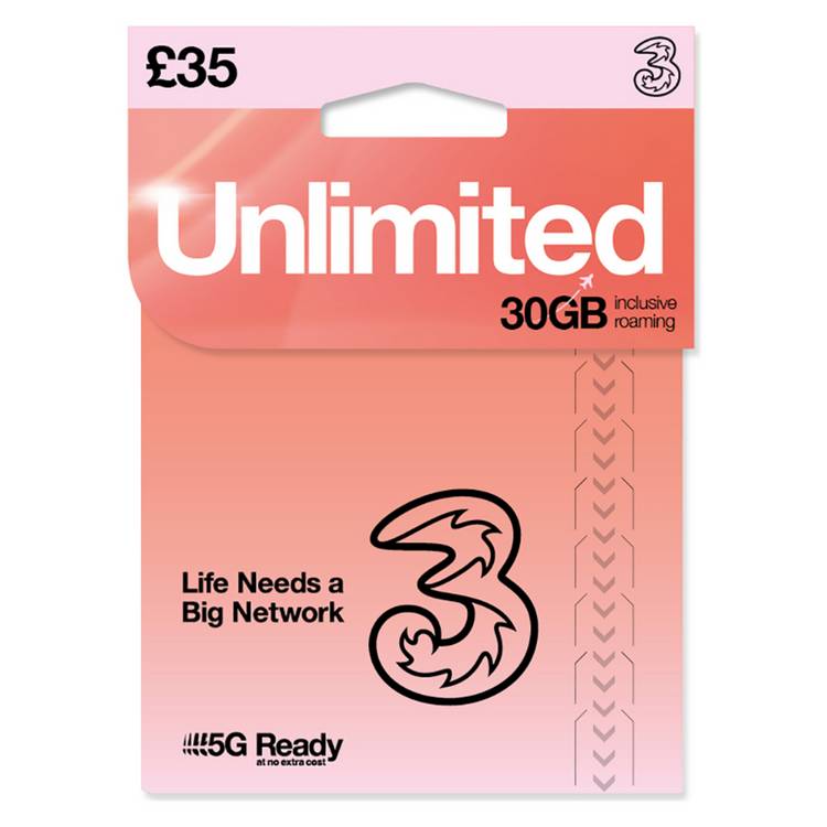 Three Unlimited PAYG SIM card (British brand)